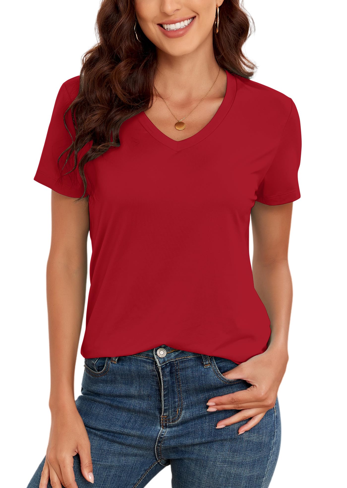 KevaMolly V Neck Basic T Shirts for Women UPF 50+ Short Sleeve 2026 Summer Trendy Tops Solid Casual Loose Fit Tee Shirt