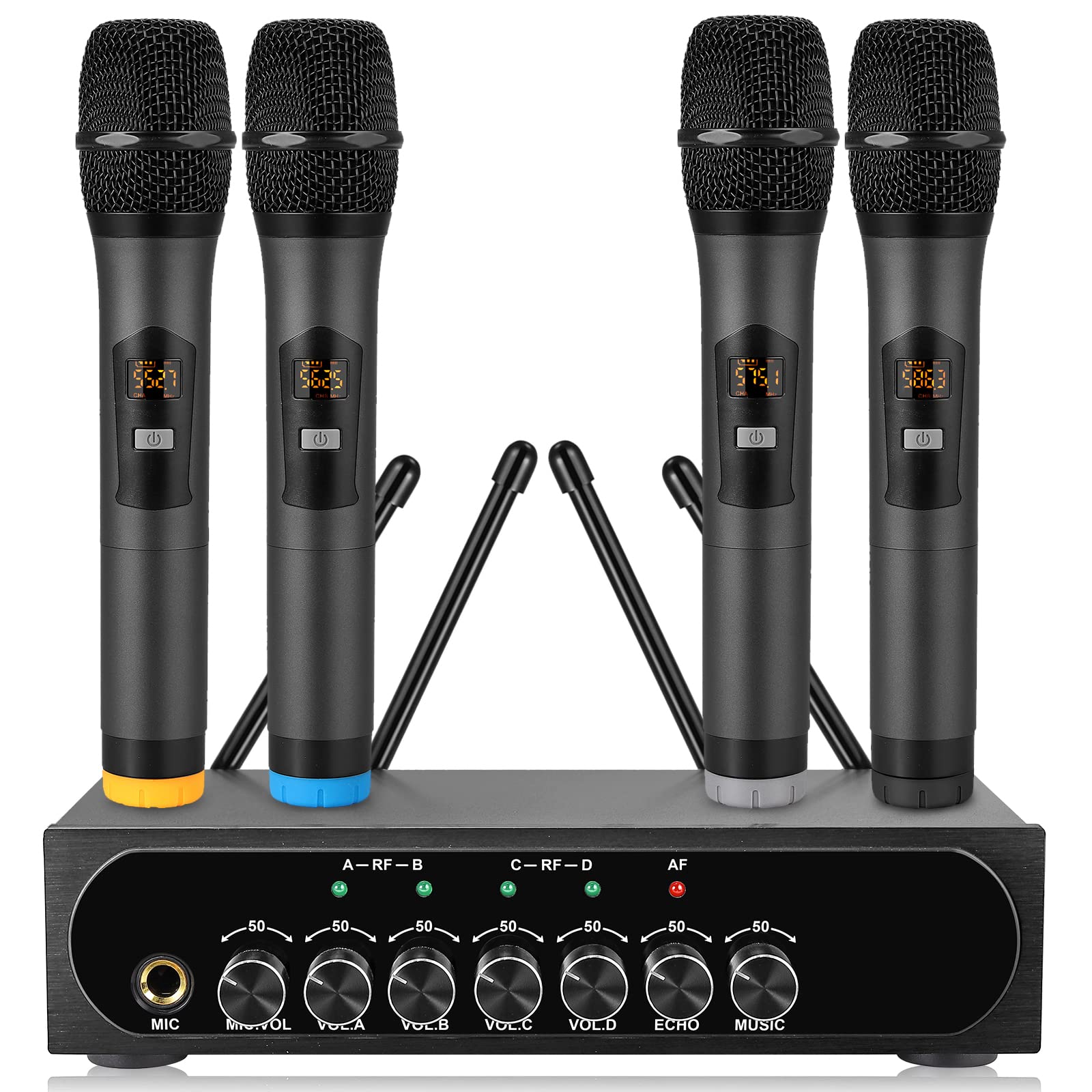 LiNKFOR 4 x UHF Mikrofon drahtloses UHF 4 Kanal Mikrofonsystem mit 4 drahtlosen Handmikrofonen, 50 * 4 Kanälen wählbare Frequenz, Echo, Bluetooth, AUX, ideal für DJ, Gesang, Kirche, Hochzeiten
