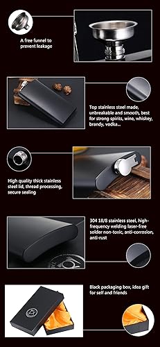 Miniatura 4 de TOX TANEAXON Petaca de whisky de bolsillo negro mate de 12 oz con embudo y caja de primera calidad, acero inoxidable y a prueba de fugas