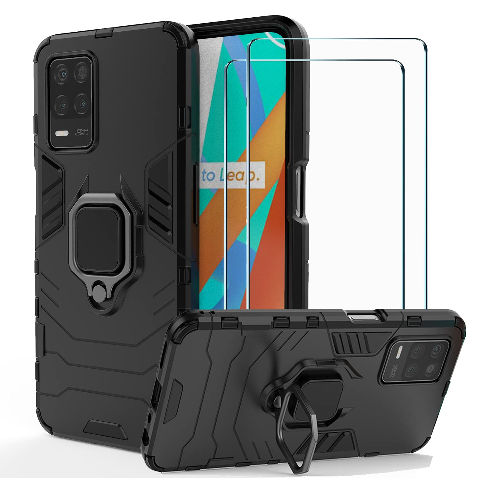 BestShare For OPPO Realme 8 5G / Narzo 30 5G /V13 5G Case with Tempered Glass Screen Protector (2 Packs), Heavy Duty Armor Defender Anti-Scratch Kickstand Shockproof Cover, Black