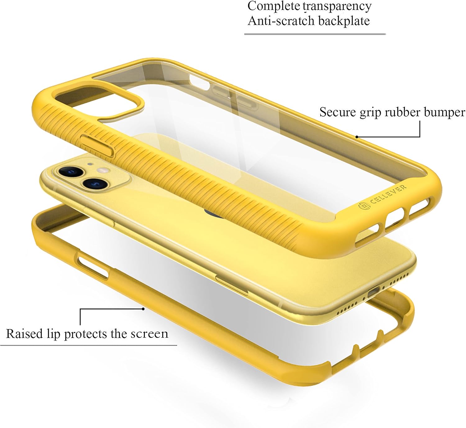 CellEver Clear Full Body Case for iPhone 11, Heavy Duty Protection with Anti-Slip TPU Bumper and [2 Tempered 9H Glass Screen Protectors] Shockproof Transparent Phone Cover 6.1 Inch (Yellow)
