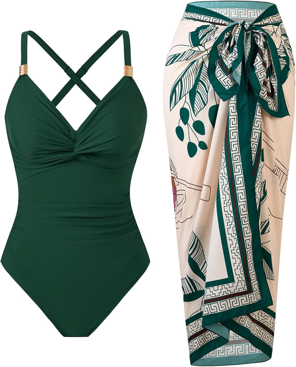 Women’s Tummy Control One Piece Swimsuit with Skirt Wrap Cover Up Retro Slimming Bathing Suit