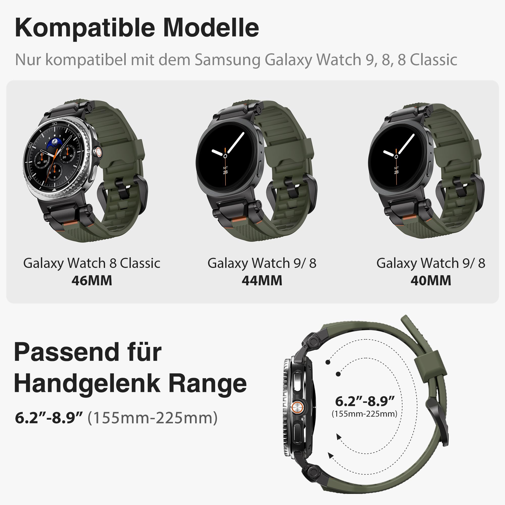 ULTIMAL Bracelet compatible avec Samsung Galaxy Watch 9/8 40 mm/44 mm, 8 Classic 46 mm, bracelet de sport robuste en TPU et métal de qualité supérieure pour homme (vert armée + noir)