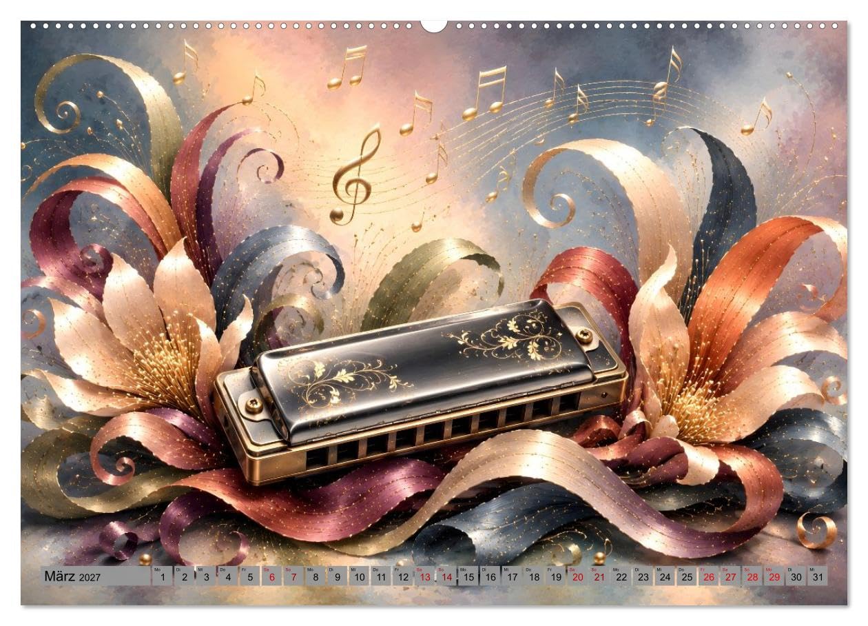 CALVENDO · Musikblüten - 12 Monate voller Klang (Kalender 2027) | DIN A2 Querformat · Premium-Wandkalender · Blütenkunst · Musikinstrumente, eingebettet in dekorative Fantasieblüten