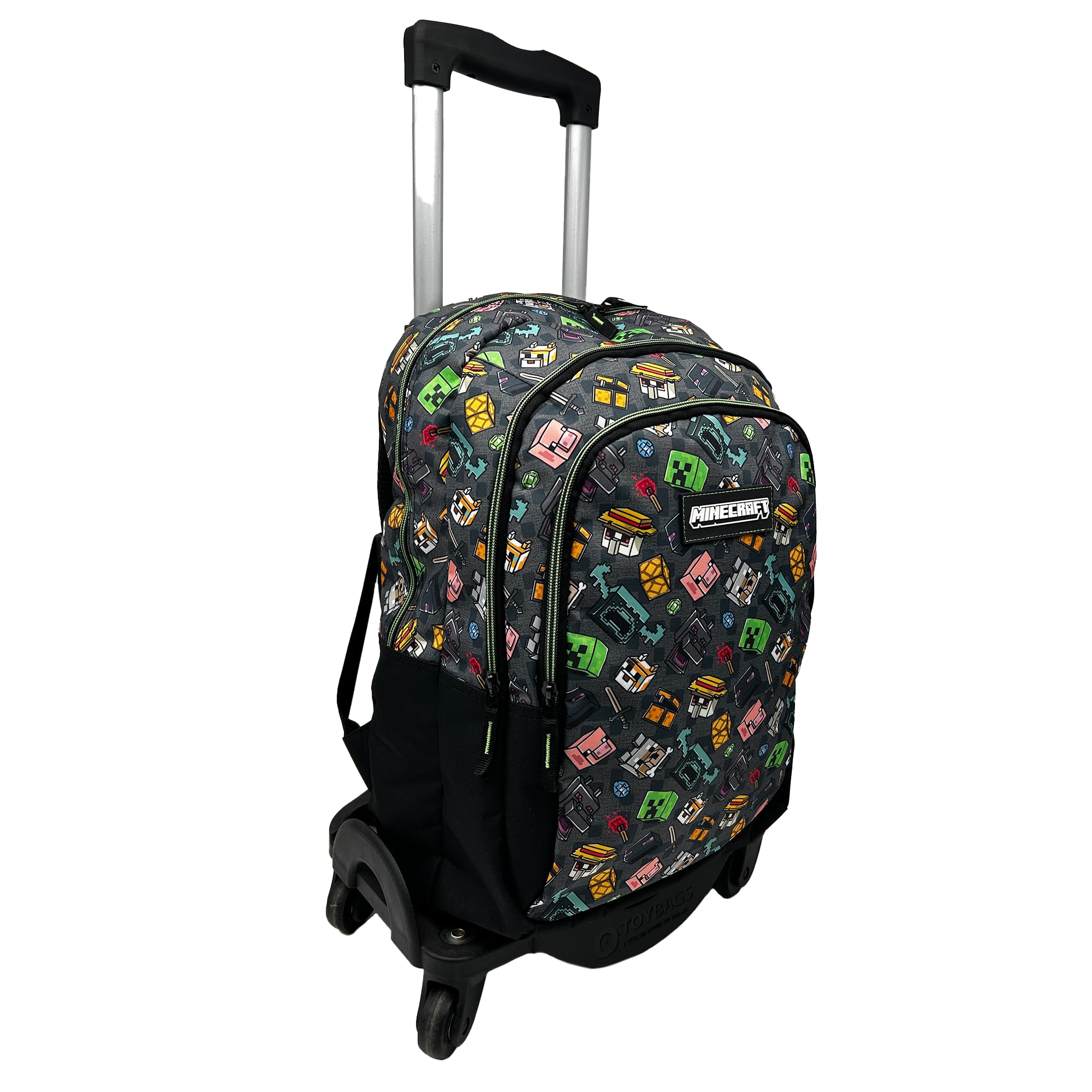 ToyBags Mochila Escolar Minecraft Pixel 25 Doble Compartimento Adaptable con Carro Negro con Protección Lateral y Stoper Frontal Anti Caída 4 Ruedas Giratorias 44 x 30 x 20 cm