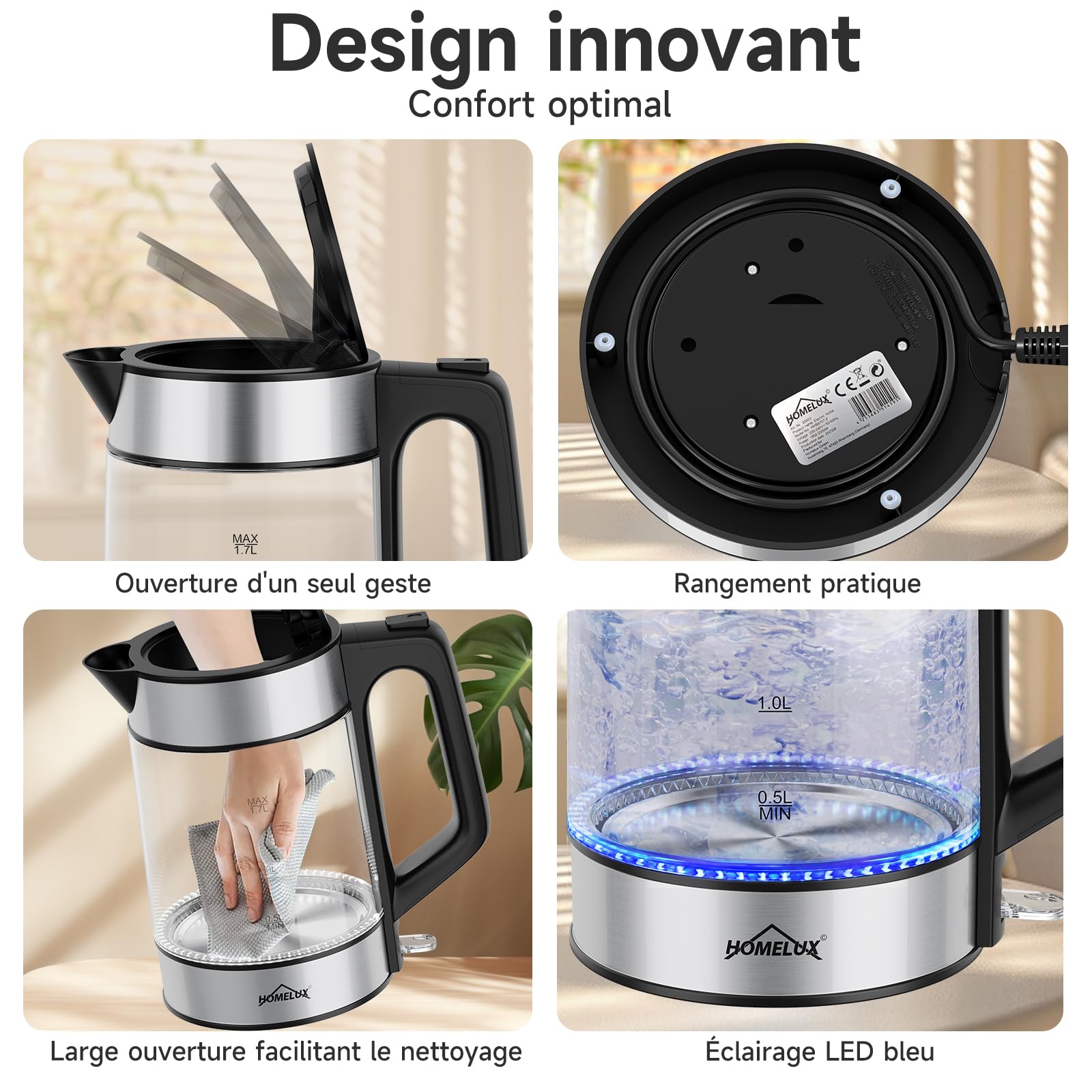 HOMELUX Bouilloire électrique en verre transparent 1,7 L, 2200 W