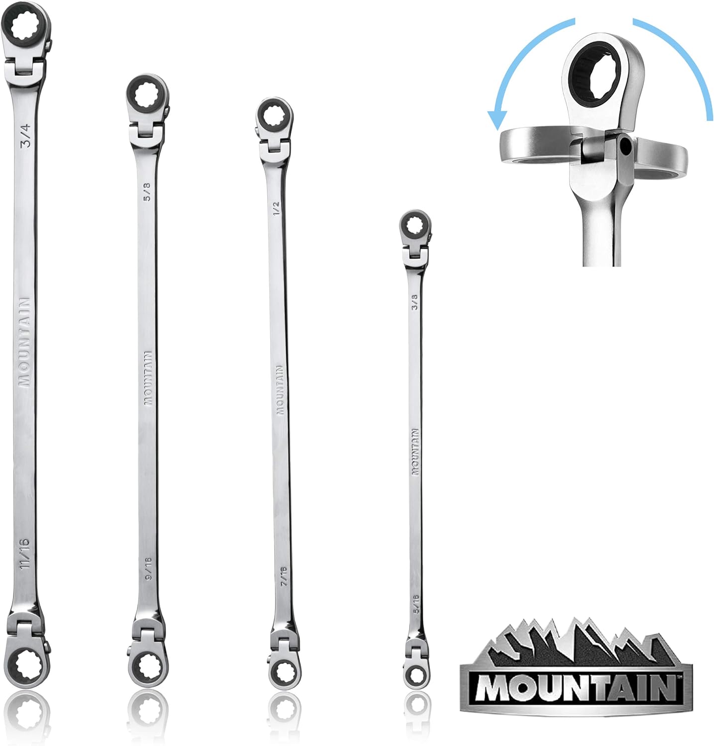 Mountain RF7 SAE Reversible Double Raised Box Ratcheting Wrench Set, Universal Spline, 90 Tooth Design, 180 Degree Rotating Head, Sizes 5/16", 3/8", 7/16", 1/2", 9/16" 5/8", 11/16", 3/4", 4-Piece