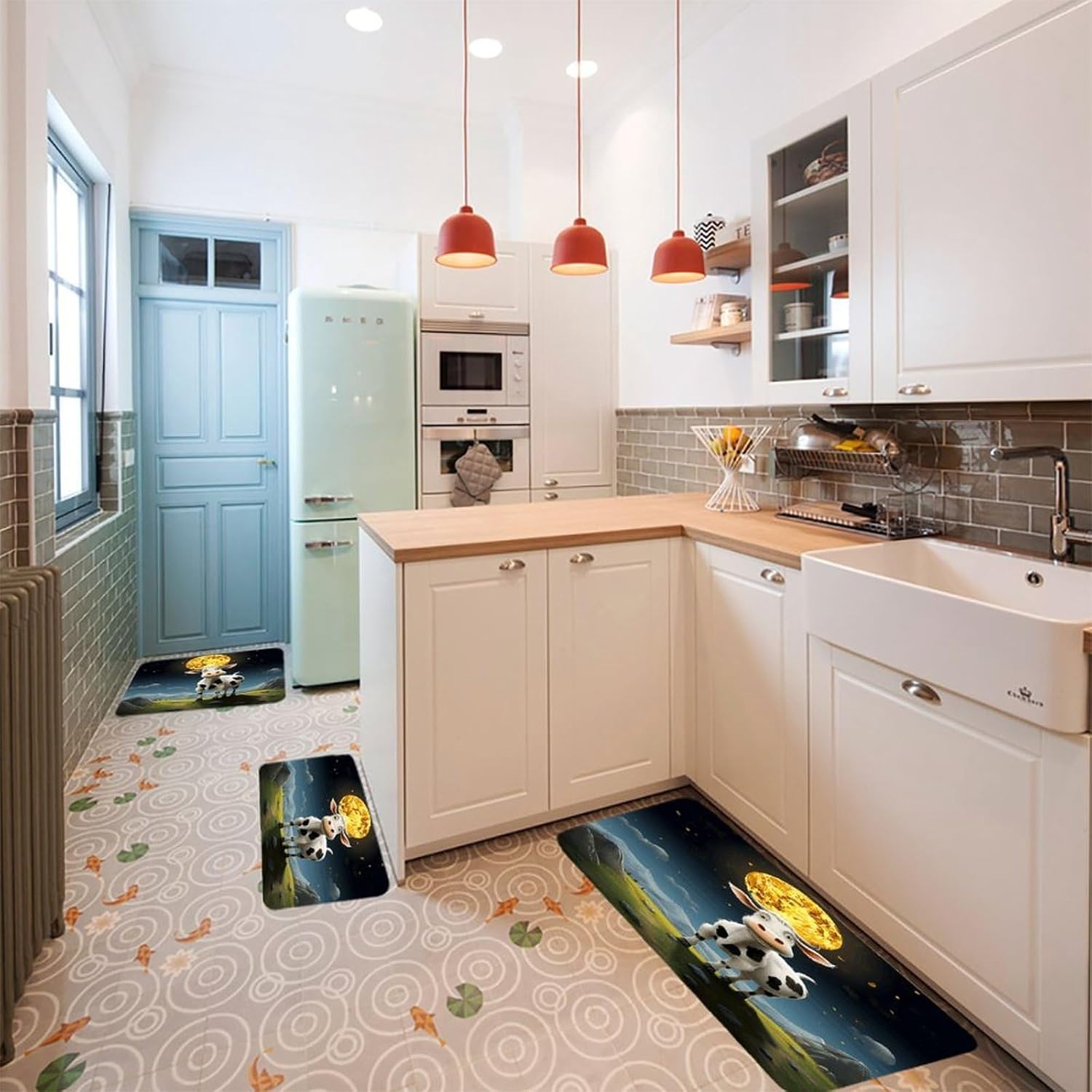 Cow Over The Moon Kitchen Rugs Sets of 3 Washable Non Slip Kitchen Rug Water Resistant Carpet Piece Anti Fatigue Kitchen Mats Soft Comfort Standing Mat Modern Area Rug