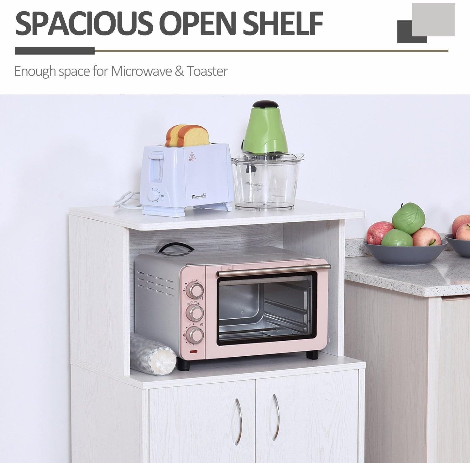 Carrello Cucina con 2 Ante e 1 Vano Porta Microonde, 60.4x40.3x97cm, in Legno, Bianco