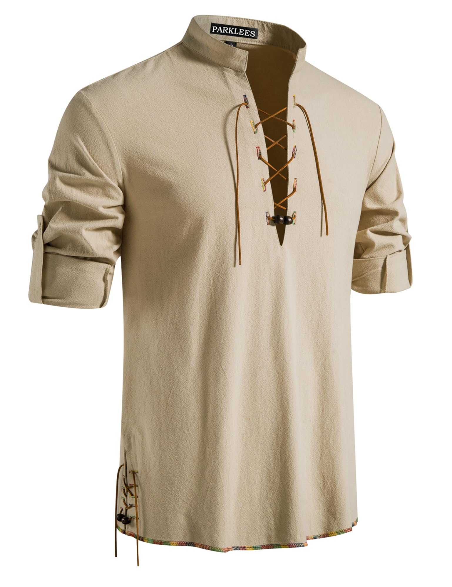PARKLEES Men's Medieval Viking Pirate Retro Lace Up Long Sleeve Shirts for Renaissance Halloween Cosplay Costumes Khaki Large — image 1