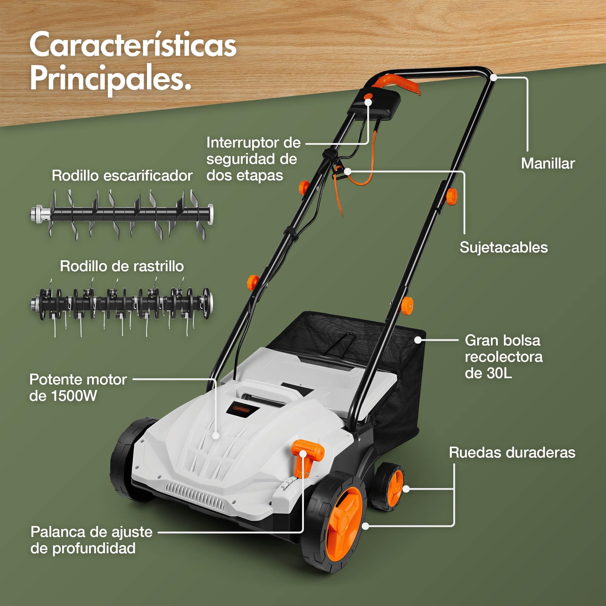 VonHaus Escarificador/Aireador/Rastrillo Eléctrico 1500W – Para Escarificar Y Rastrillar El Césped, Elimina Fieltro, Musgo Y Hojas Secas, Aireación Del Suelo, Caja 30L, 4 Alturas, Ancho 32cm