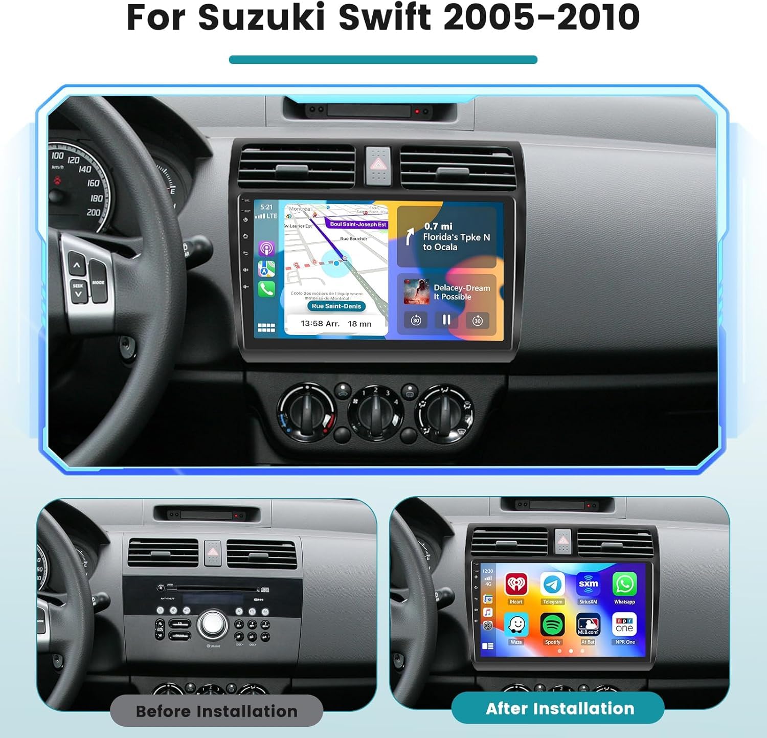 Autoradio 2 DIN Android 14 per Suzuki Swift 2005-2010, Schermo Touch 10 Pollici 4+64G, Compatibile con CarPlay e Android Auto, Bluetooth GPS FM/RDS, Navigazione Auto con SWC Mirror Link DSP