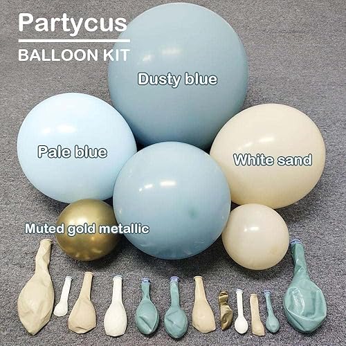 Miniatura 3 de Guirnalda de globos de arena blanca y azul polvoriento, doble relleno, color azul claro, crema, beige, mate, kit de arco de globos con látex dorado