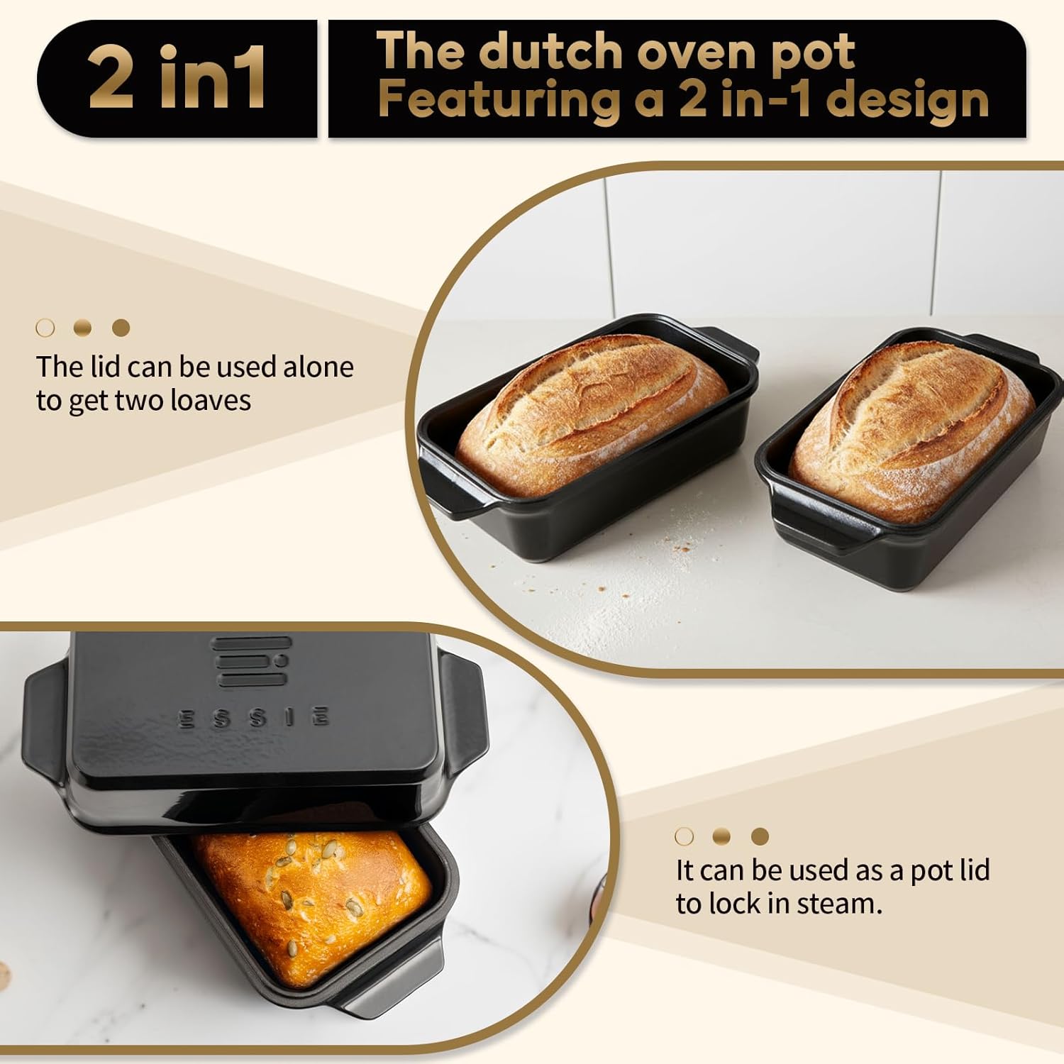 Enameled Cast Iron Dutch Oven for Bread Baking, 9×5 Dutch Oven Pot with Lid for Homemade Bread, 2 in 1 Sourdough Bread Pan with Lid, Roasting & Braising, Oven & Induction Safe (4.2 QT,Black)