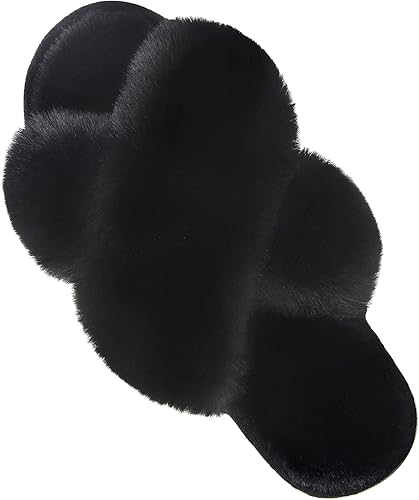 Parlovable Women's Cross Band Slippers Fuzzy Soft House Slippers Plush Furry Warm Cozy Open Toe Fluffy Home Shoes Comfy Indoor Outdoor Slip On