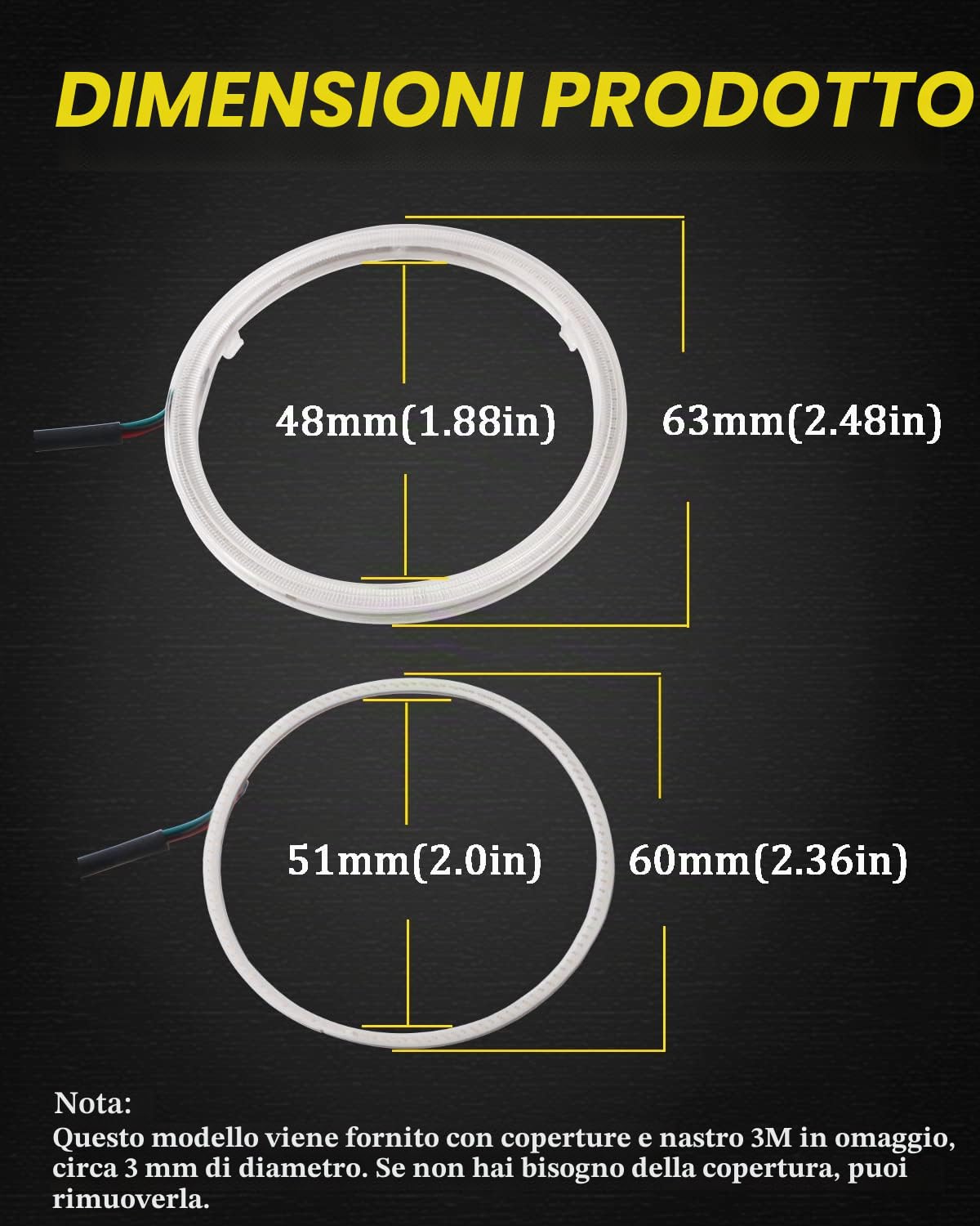 Qasim 1 paio da LED COB Fari Angel Eyes Halo Rings Anello Halo Occhi d'Angelo Universale per Auto da Moto DRL Spia Faro con Coperchio Controllo dell'APP mobile Bluetooth 12V DC 60MM 60SMD RGB