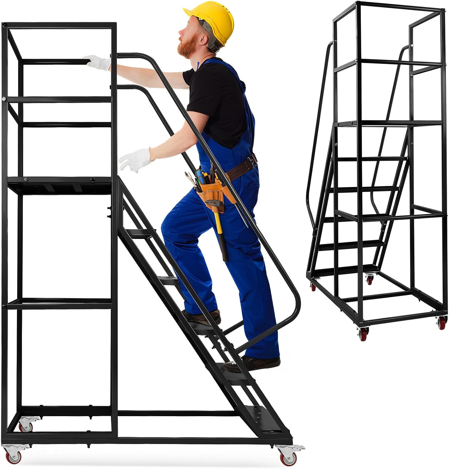 6-Steps Rolling Ladder with 4 Brake Wheels, 1213 LBS Capacity Heavy Duty Mobile Warehouse Ladder, Rolling Library Ladder with Safety Guardrail & Non-Slip Pedals for Garage, Industrial Storage, Black