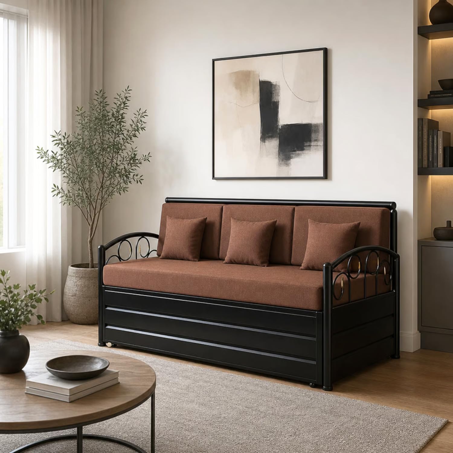 royal bed manufacturer Stylish Queen Size Matte Black Metal Sofa Cum Bed with Hydraulic Storage - 3 Seater | Brown Fabric (6X5) 3-Person Sofa(75 X 60 in)-picture-11