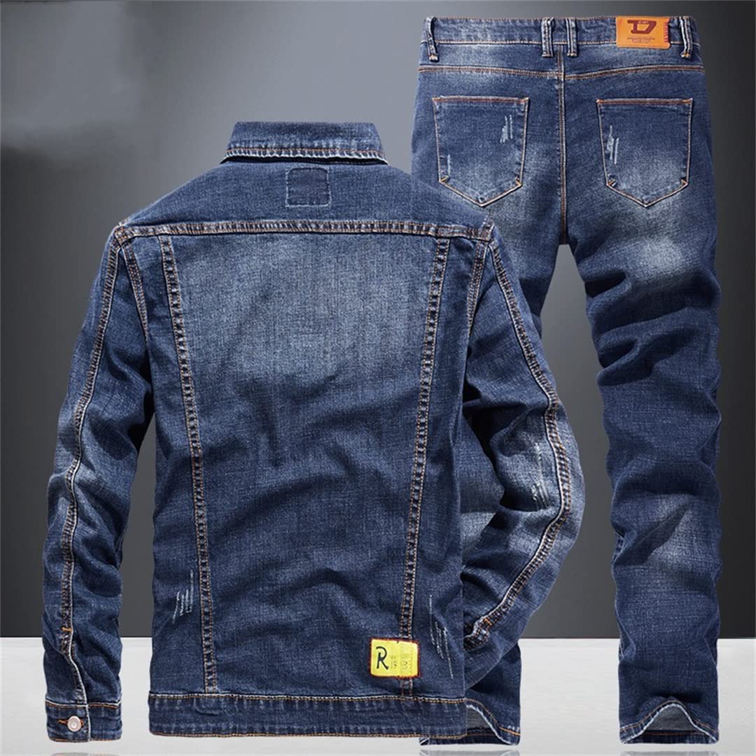 Hcclijo Motorrad Bikers Denim zweiteiliges Set Jacke Jeans Herren Sets Streetwear Oberbekleidung Hosen Sets Blau L 30