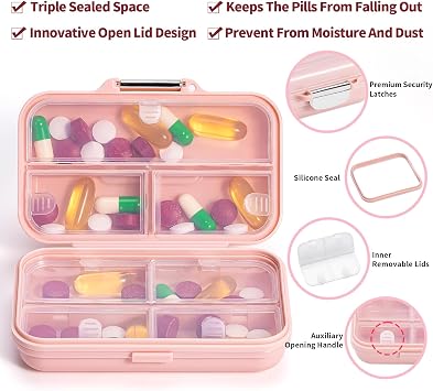 Daviky Travel Pill Organizer,Large 7-Compartment Pill Box for Vitamins & Medications, Compact Medicine Case for Pocket or Purse(Pink)