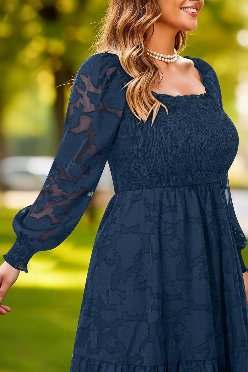 Women's Plus Size Fall Dress - Wedding Guest Long Sleeve Floral Lace Aline Flowy Midi Dress - Image 4