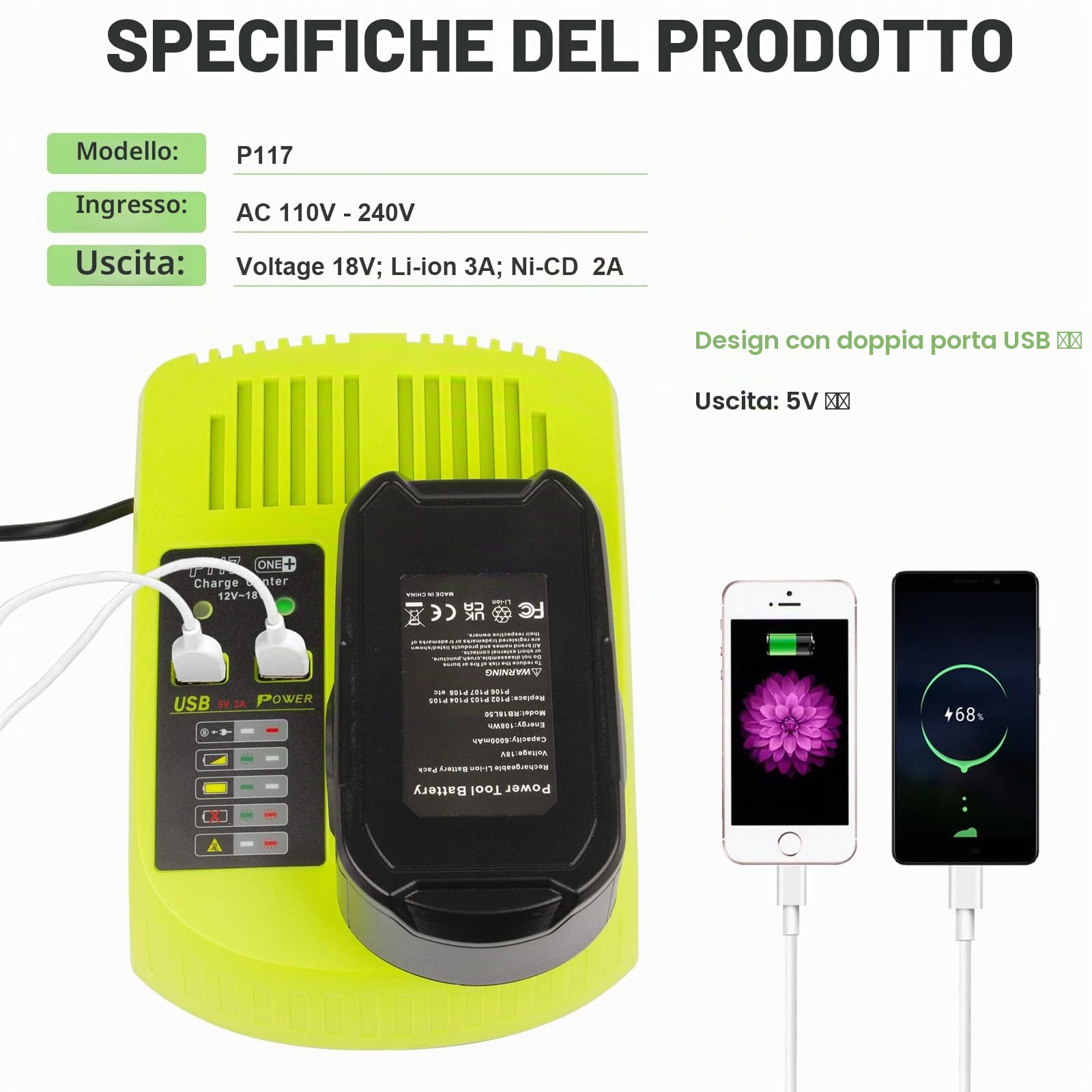 LabTEC RB18L50 18V 5Ah Batteria di Ricambio per Ryobi con Caricabatterie a Doppia Porta - Compatibile con One Plus Series USB P107 P108 RB18L15 RB18L40