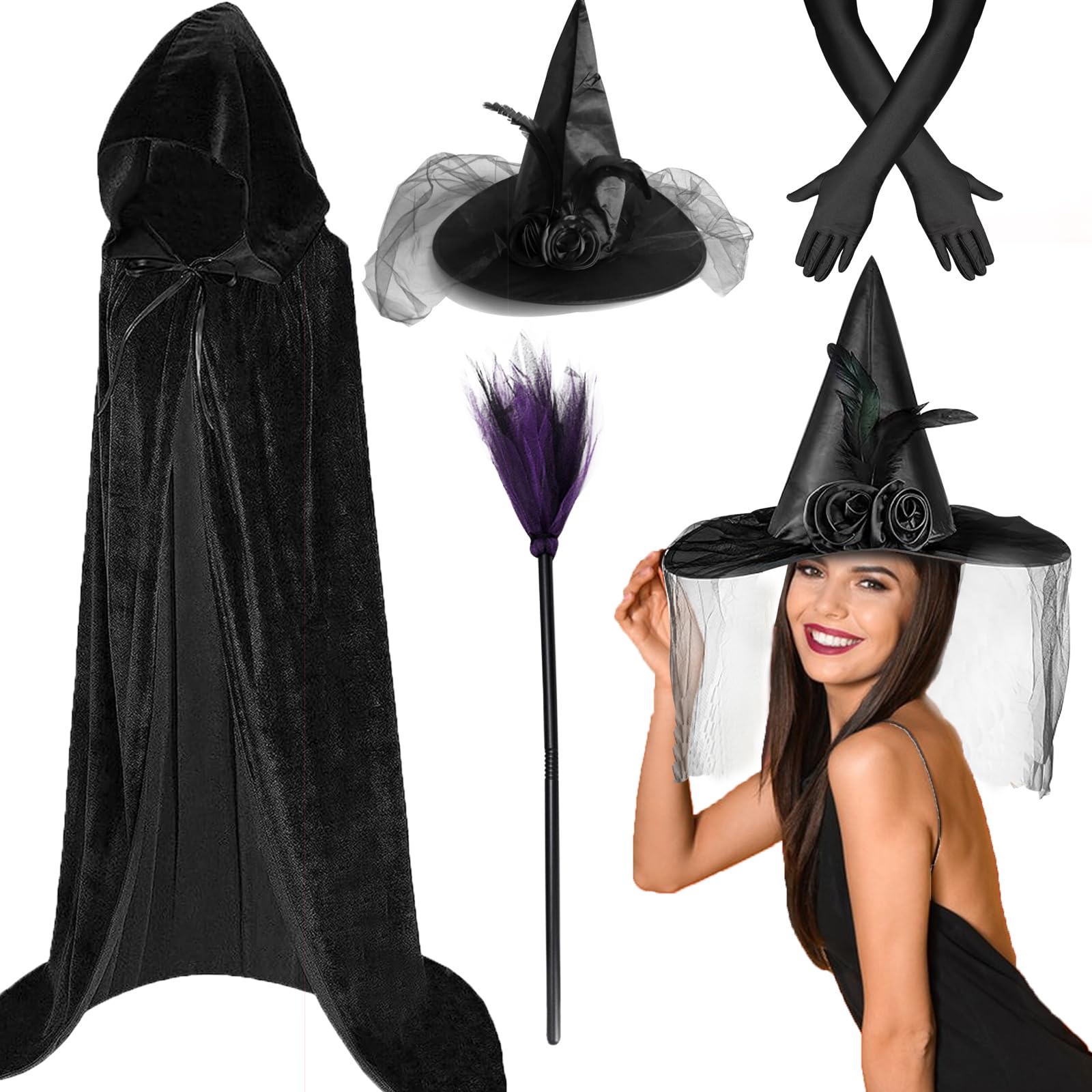 4 Pcs Adults Witch Costume Accessories Set with Black Pointed Witch Hat Hooded Cloak Long Gloves Broom Prop, Witch Cosplay Outfit Fancy Dress for Halloween Cosplay Party World Book Day Carnival