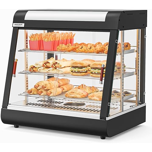 ROVSUN 26" Commercial Food Warmer Display Pizza Warmer, 3-Tier Electric Countertop Food Warmer w/LED Lighting, Adjustable Removable Shelves & Glass Door, Pretzel Warmer for Buffet Restaurant 1200W