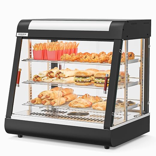 ROVSUN 26" Commercial Food Warmer Display Pizza Warmer, 3-Tier Electric Countertop Food Warmer w/LED Lighting, Adjustable Removable Shelves & Glass Door, Pretzel Warmer for Buffet Restaurant 1200W
