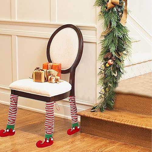Miniatura 7 de 4 fundas navideñas para patas de silla, divertidas fundas de calcetines para patas de mesa de elfo, fundas de calcetines para sillas de comedor,