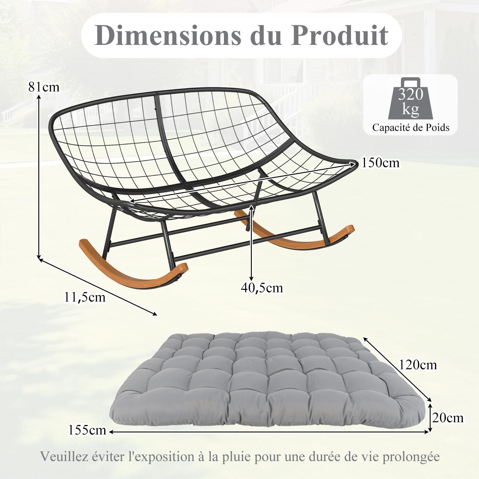 COSTWAY Fauteuil a Bascule, Rocking Chair pour 2 Personnes avec Coussin Épais Amovible, Cadre en Métal, Fauteuil Allaitement, Chaise a Bascule pour Salon, Chambre, Balcon, Charge 320 kg, Gris