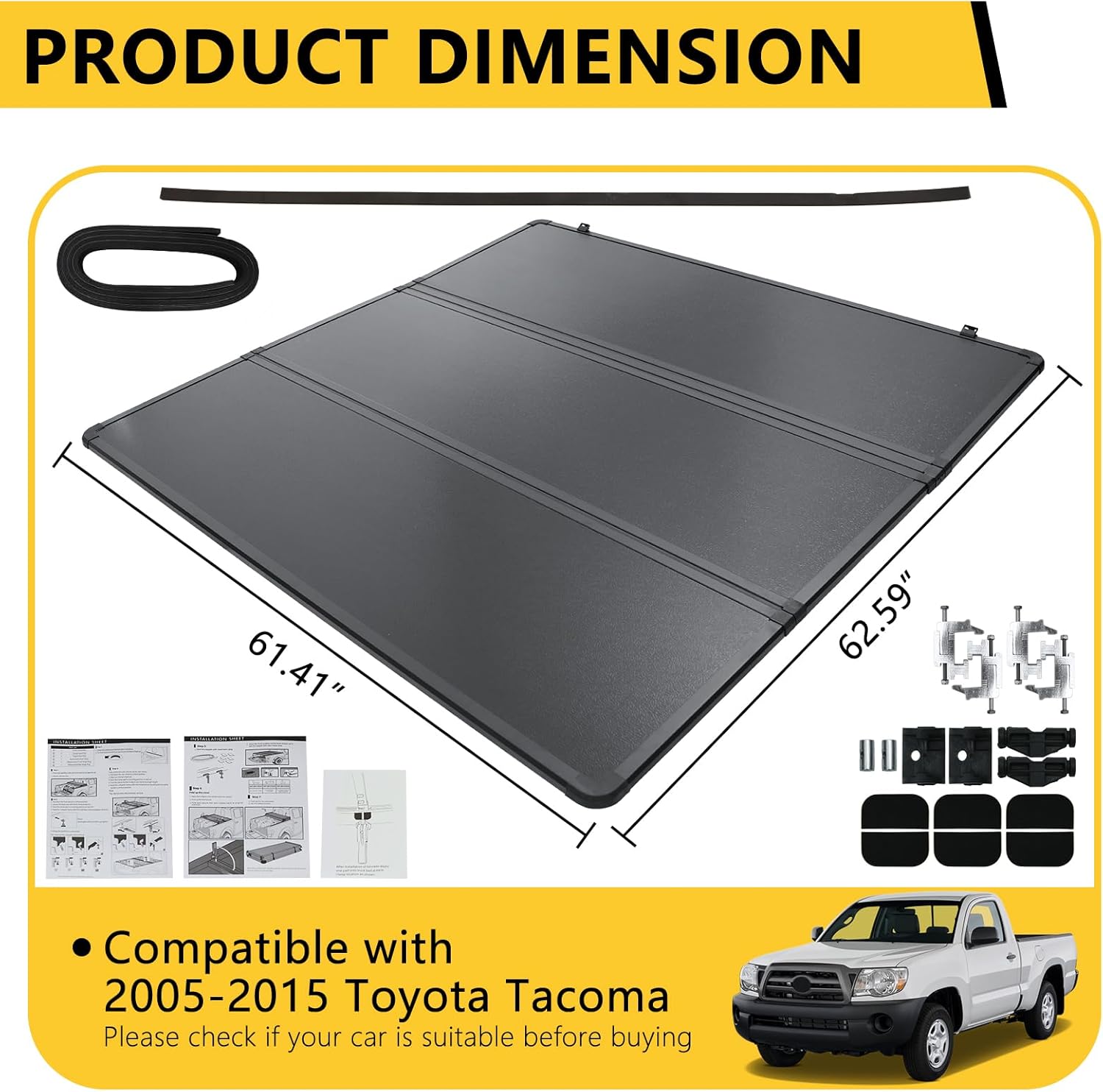 PENSUN 5Ft Hard Tri-fold Truck Bed Cover Fit for Toyota Tacoma 2005-2015, Black Truck Tonneau Cover