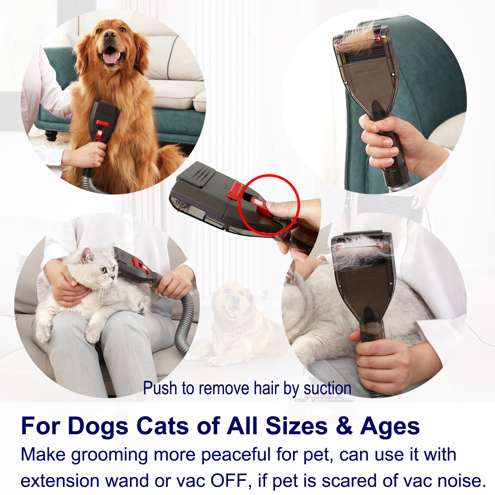 Portek Accesorio de aspiradora de pelo de perro para la mayoría de aspiradoras, kit de herramientas de cepillo de aseo para mascotas como peluquero de pelos inferiores con adaptadores de manguera de