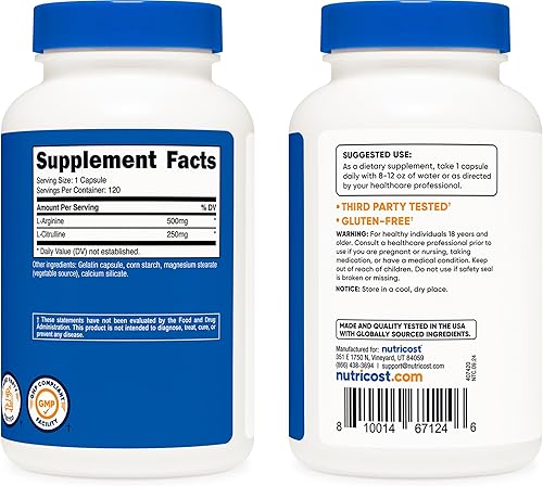 Miniatura 6 de Nutricost L-Arginina L-Citrulina Complejo 750 mg 120 cápsulas - Sin OMG