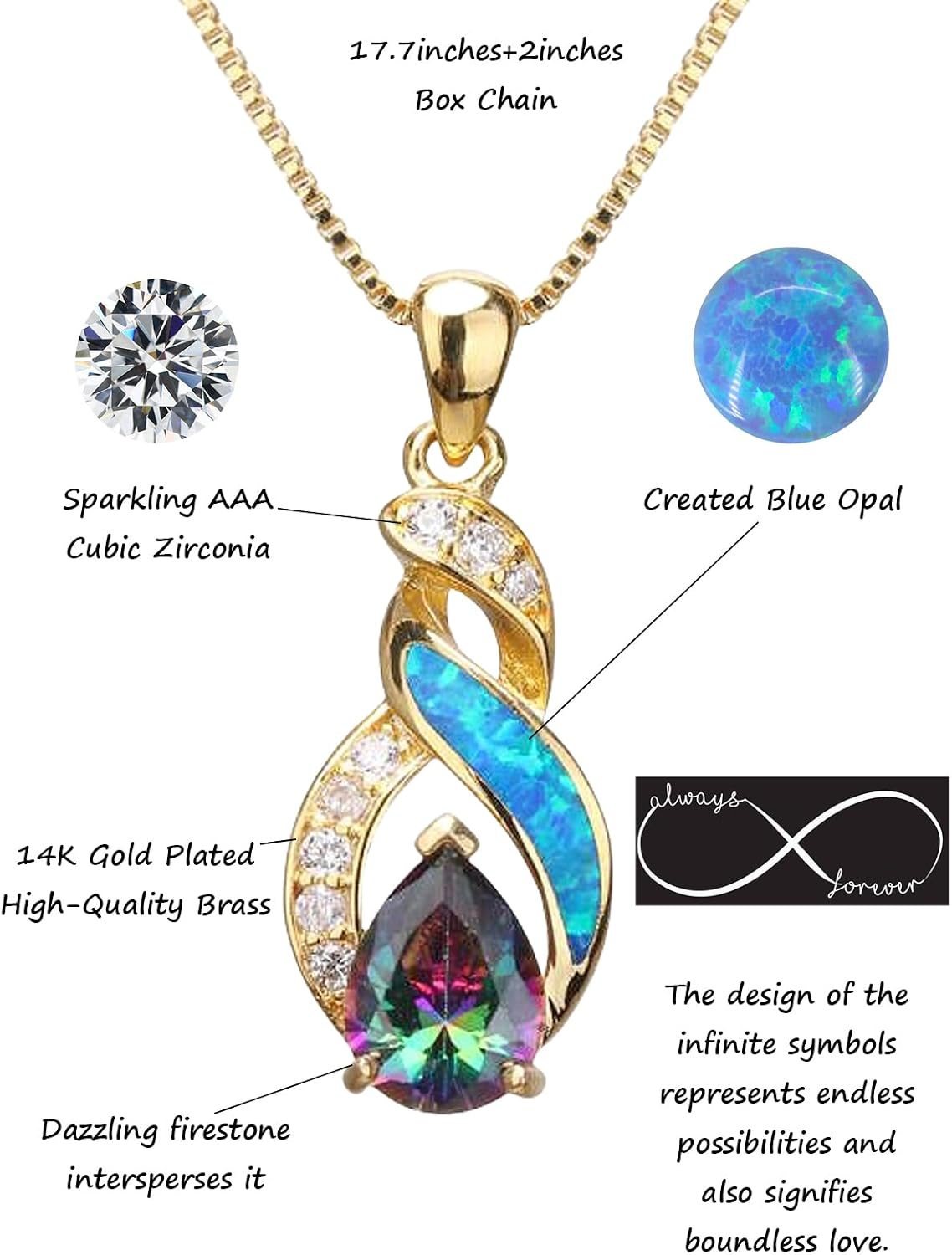 Opal Jewelry Set for Women- Infinity Necklace with Cubic Zirconia Gold Plated Earrings Created Opal Necklace for Women Birthday Gift