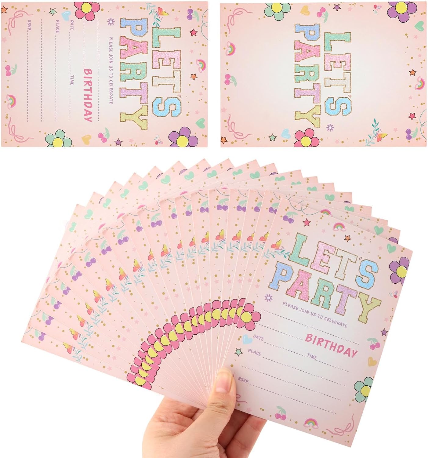 Kakalote Birthday Invitations, 20pcs Cute Flower Birthday Party Invitations, Let's Party(Pink)