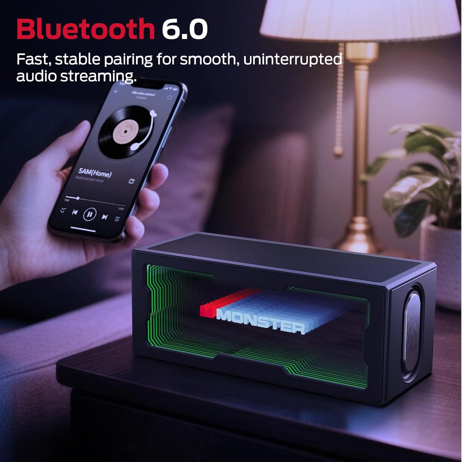 Monster S280 Bluetooth Speaker, 40W Stereo Sound, Deep Bass, Bluetooth 6.0, 3D Tunnel Lights, Mirror Display, USB (Audio) / AUX/TF-Card Input, Suitable for Home Bedroom Indoor - Image 4