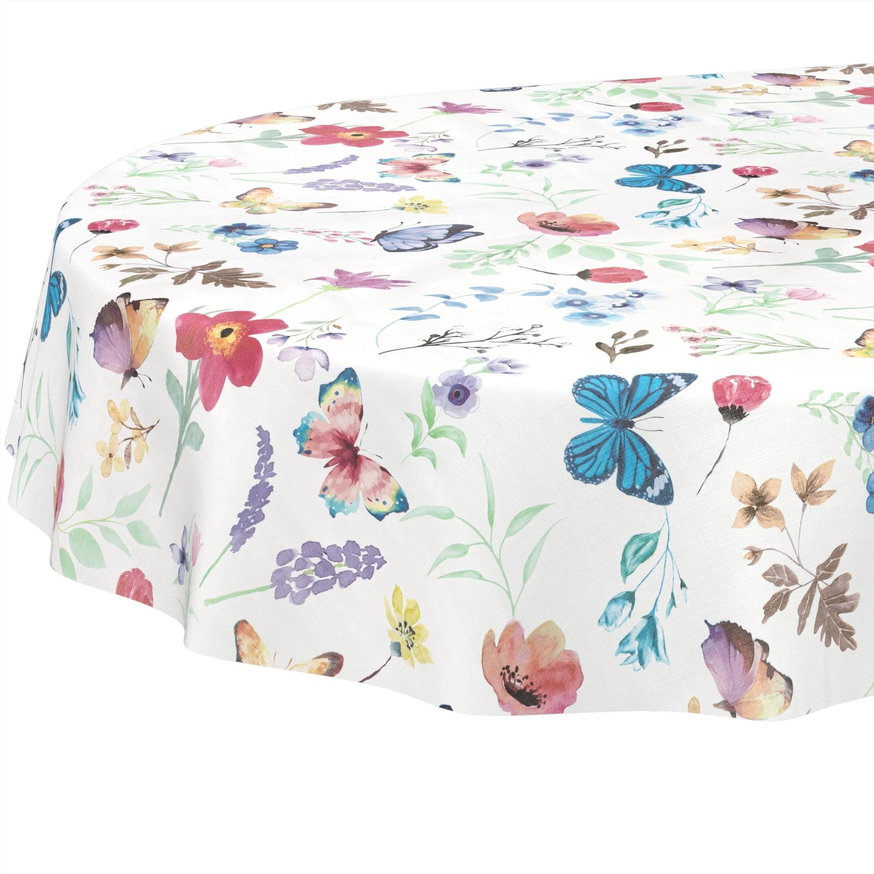 Nappe en toile cirée lavable, facile d'entretien, imperméable, effet lotus, nappe de jardin, motif papillons, ovale, 200 x 140 cm, bord coupé