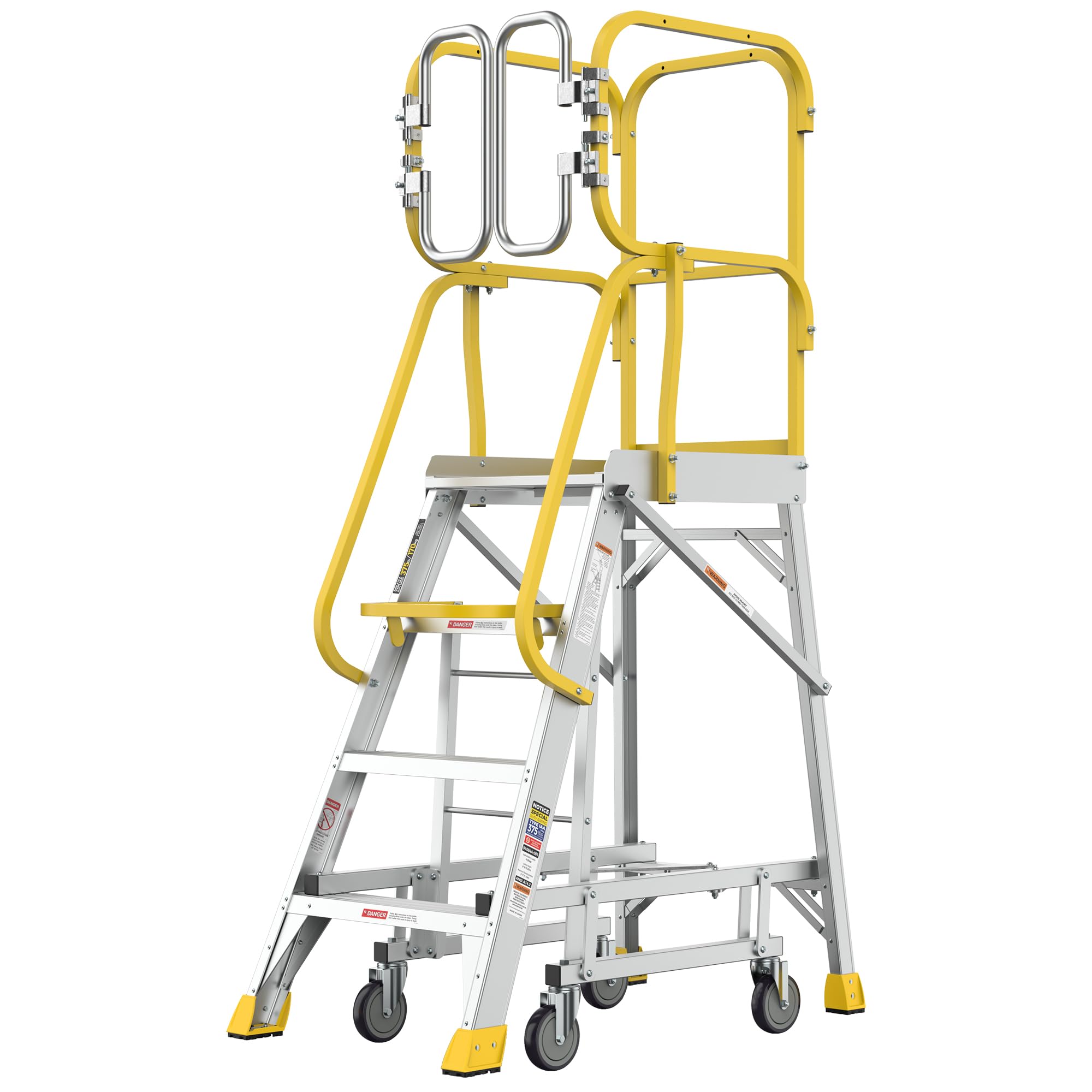 4 Step Ladder Aluminum Rolling Platform Ladders with 360° Guardrail System, Industrial Safety Non-Slip Rolling Ladder with Wheels for Warehouse, Garage, 375 lbs Capacity