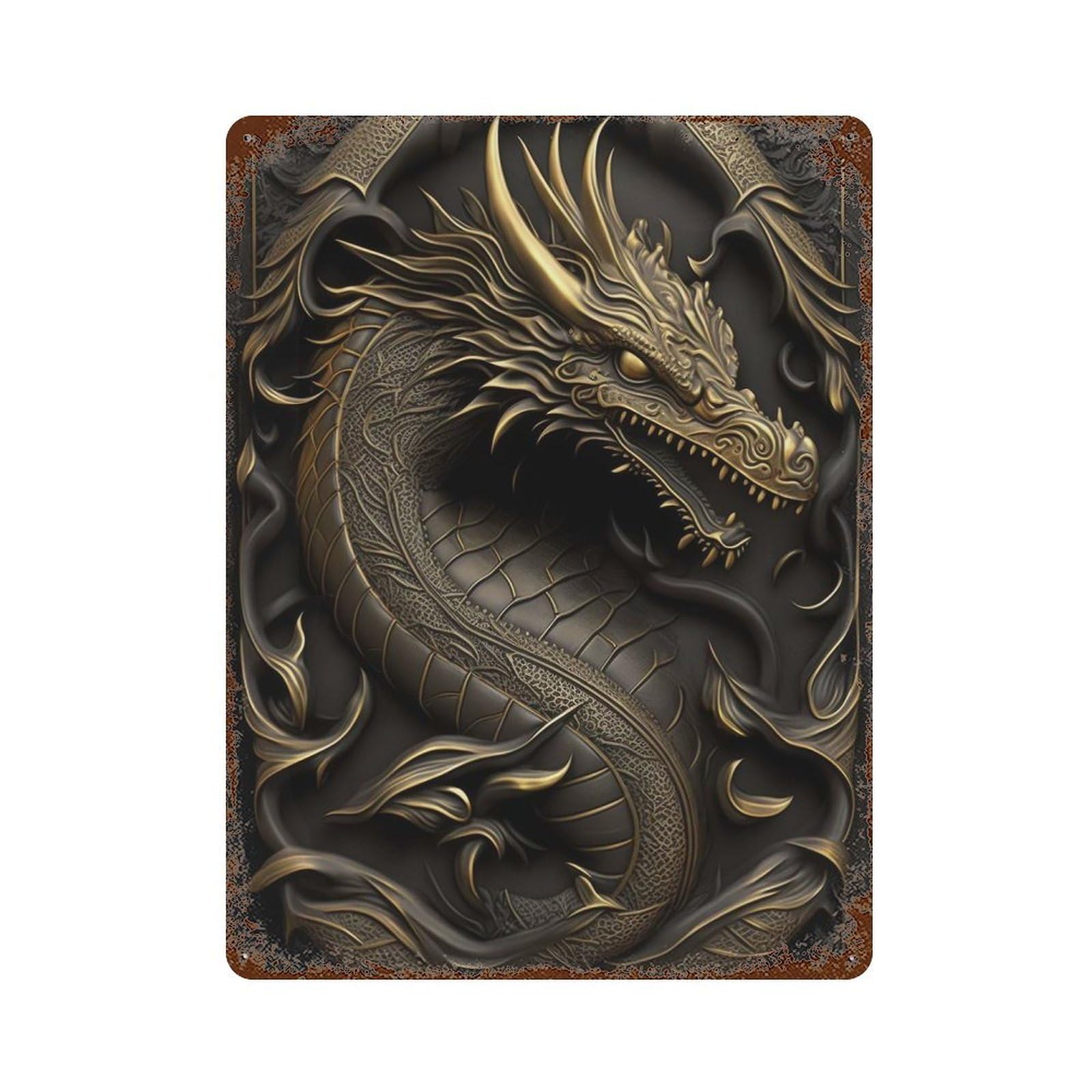 Dragon Gold Relief Deco Rust Effect Tin Sign 15.7"x11.8", Industrial Home Decor for Basement, Hobby Room And Garage Decor