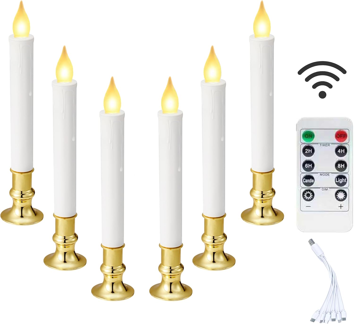 6 Pack Rechargeable LED Flameless Taper Candles with Remote Control, Flickering Warm White Window Candles with Gold Base, Timer Dimmable Electric Candles for Christmas Wedding Home Decor