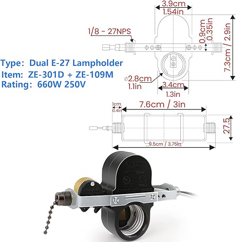 Miniatura 6 de Zing Ear ZE-310D - Interruptor de cadena de zócalo de luz, 660 W Daul E27 Soporte de lámpara con ZE-109M Swith para kit de luz de ventilador de