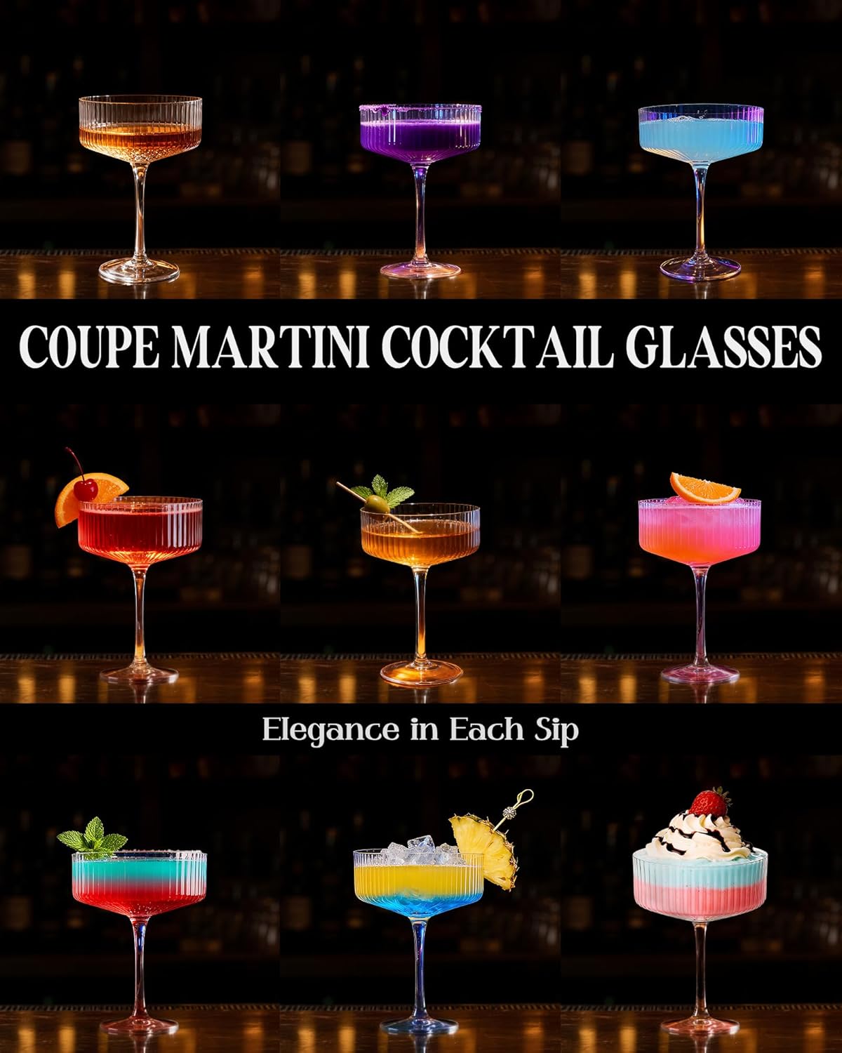 Evoio Martini Coupe Glasses Set of 4 | 10 oz Elegant Ribbed Vintage Cocktail Glasses, Premium Crystal Glass for Champagne, Espresso Martini, Desserts | Perfect for Gifts & Entertaining