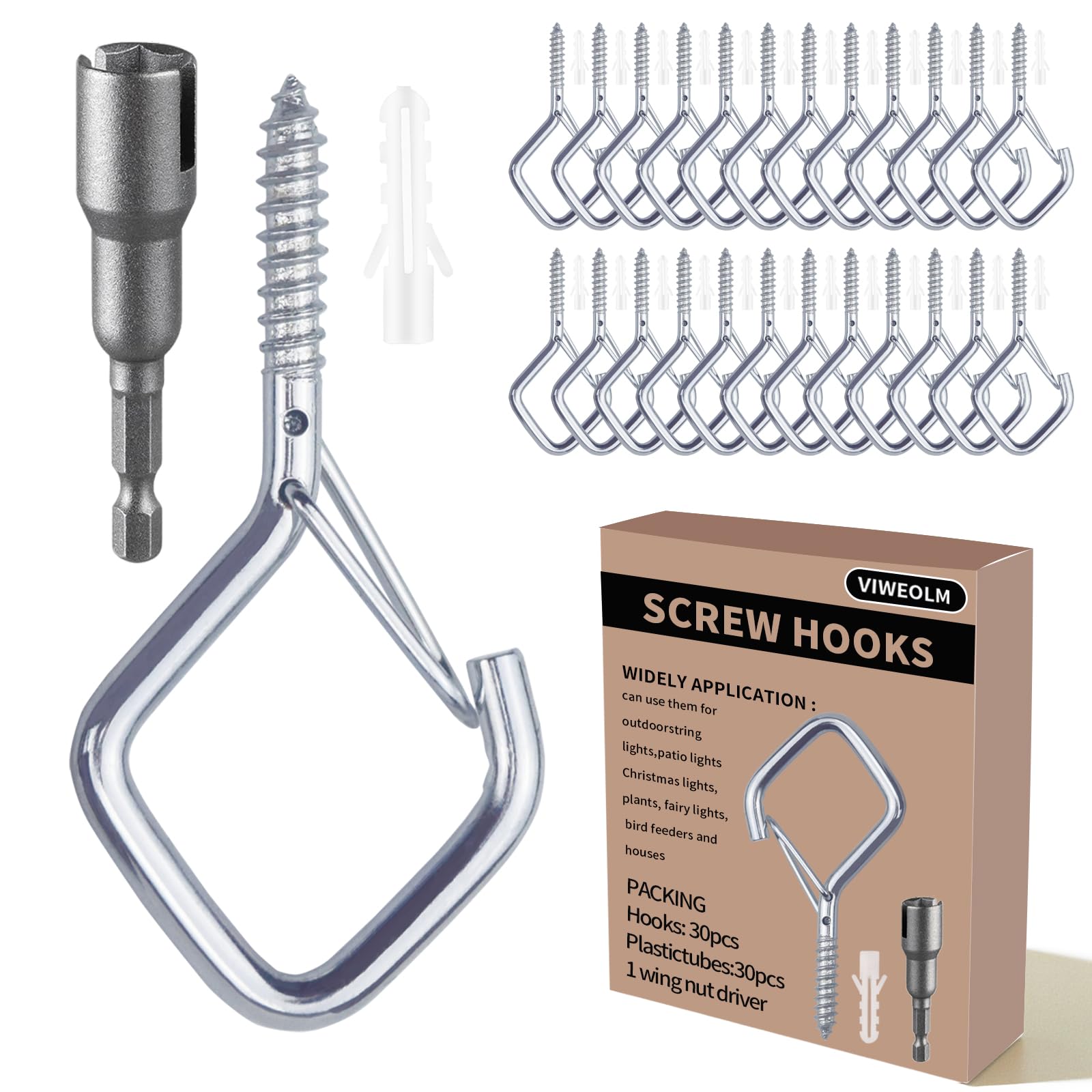 Viweolm 30 Pcs Silver Eye Hooks Screw Heavy Duty,Ceiling Hooks for Hanging Plants,String Lights,Cup,Wind Chime,Bird Feeders. Plant Hanger Indoor&Outdoor