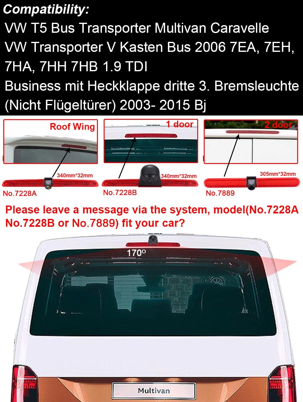 Visión Nocturna Impermeable Cámara de Marcha atrás,Cámara de visión Trasera en la luz de Freno para VW T5 Bus Transporter Multivan Caravelle Business 2003-2015 Bj