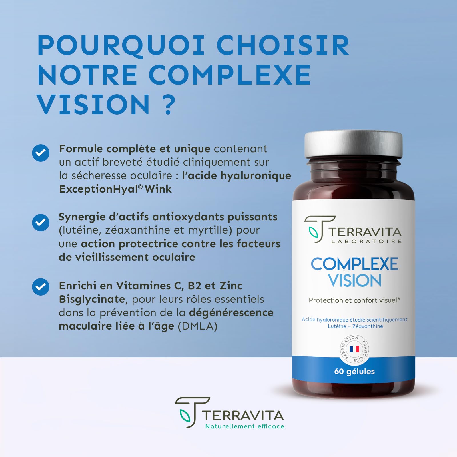 COMPLEXE VISION | Complément Alimentaire Yeux Secs et Fatigués | Acide Hyaluronique Breveté, Lutéine, Zéaxanthine, Myrtille, Vitamines et Zinc Bisglycinate | 60 Gélules | Made in France | Terravita