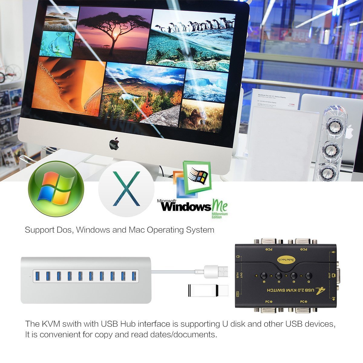 4 Port VGA KVM Switch with USB Hub and Audio Support Wireless Keyboard Mouse Connection and Push Button Switching Function