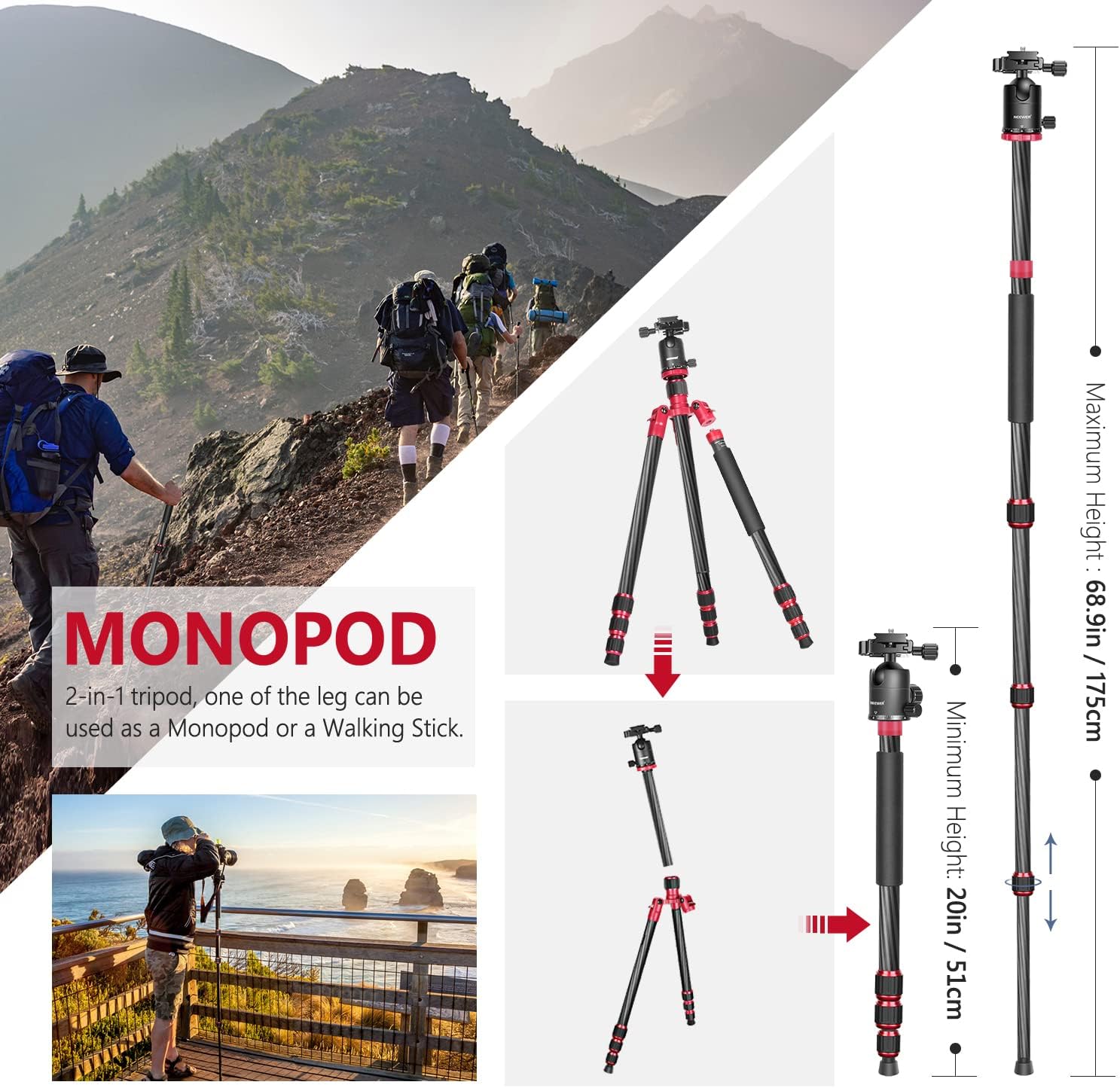 Neewer 66 inches/168 centimeters Carbon Fiber Camera Tripod Monopod with 360 Degree Ball Head, 1/4 inch Quick Shoe Plate and Bag for DSLR Camera Video Camcorder Travel and Work，Load up to 33lbs/15kg : Electronics