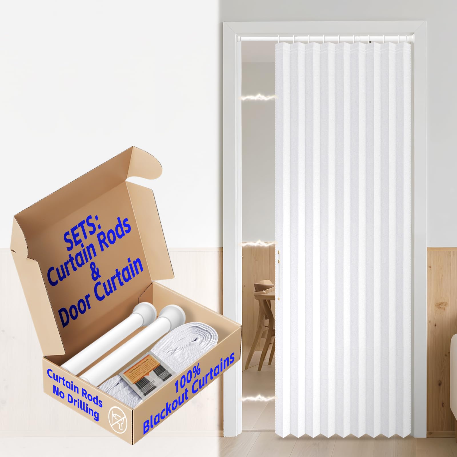 AJAZZ Blackout Magnetic Door Curtain with Curtain Rods Adjustable 28-39" Long Patio Door for Bedroom Living Room Accordion Doorway Curtain Sets (1 Pack, 42 W x 78 L, White)