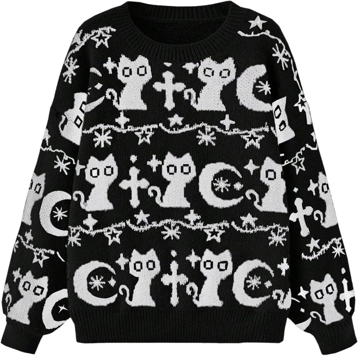 WDIRARA Women's Goth Cartoon Pattern Sweater Long Sleeve Crewneck Knit Pullover Top